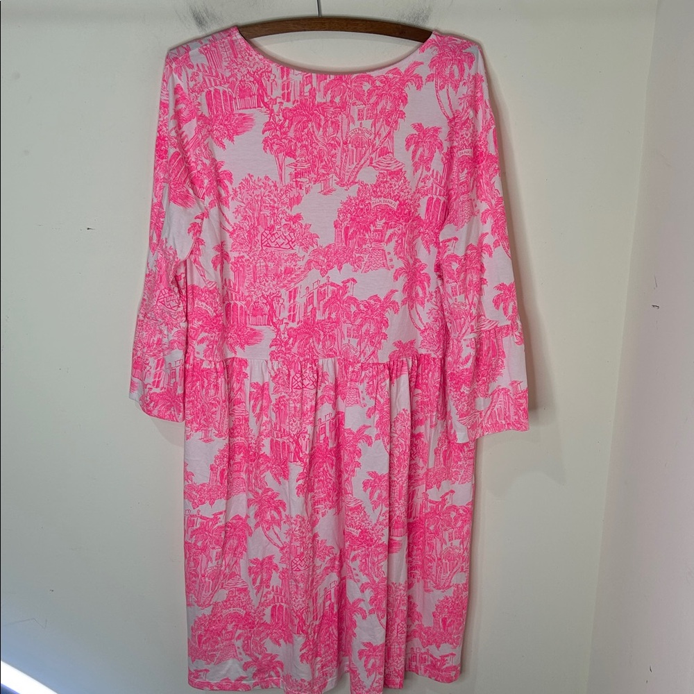 Lilly Pulitzer Pink and White V‑Neck Printed Bell‑Sleeve Dress - Picture 5 of 16